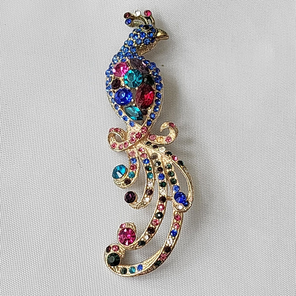 Peacock Blue Bird Brooch Pin‎ Colorful Rhinestone Costume Jewelry Collectible